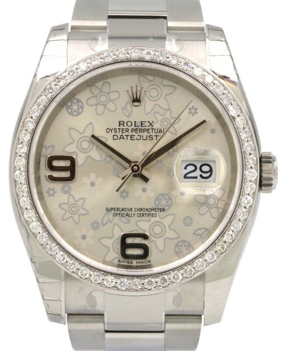 Rolex Datejust 36 116200-SLVFDO Silver Floral Motif Arabic Diamond Bezel Stainless Steel Oyster - BRAND NEW