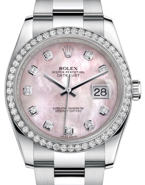 Rolex Datejust 36 White Gold/Steel Pink Mother of Pearl Diamond Dial & Diamond Bezel Oyster Bracelet 116244 - BRAND NEW