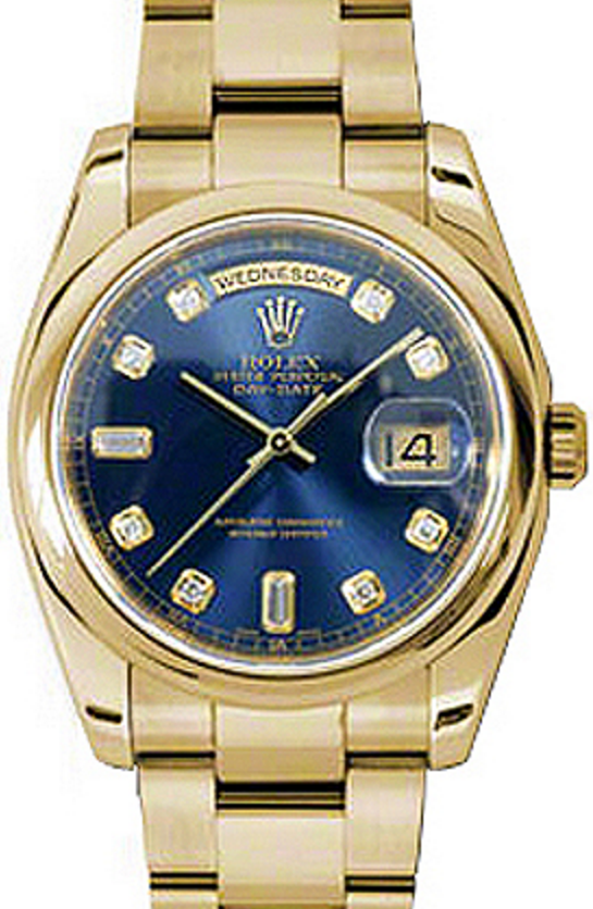 Rolex Day-Date 36 118208-BLUDDO Blue Diamond Yellow Gold Oyster