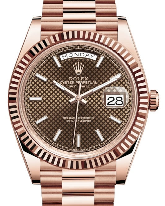 Rolex Day-Date 40 228235-CHOSP Chocolate Diagonal Motif Index Fluted Rose Gold President - BRAND NEW