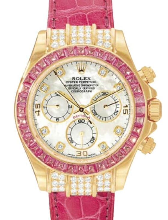 Rolex Daytona Yellow Gold Diamond Mother of Pearl Dial & Pink Sapphire Bezel 116598SARO