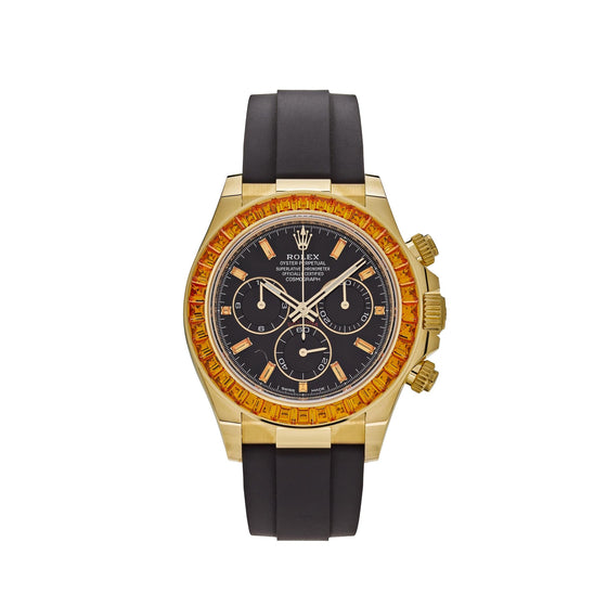 Rolex Daytona Yellow Gold Black Diamond Dial Orange Baguette Sapphires Bezel 116588SACO