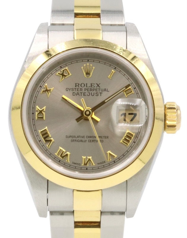 Rolex Lady-Datejust 26 Yellow Gold/Steel Champagne Roman Smooth Gold Bezel Oyster Bracelet 79163 - PRE-OWNED