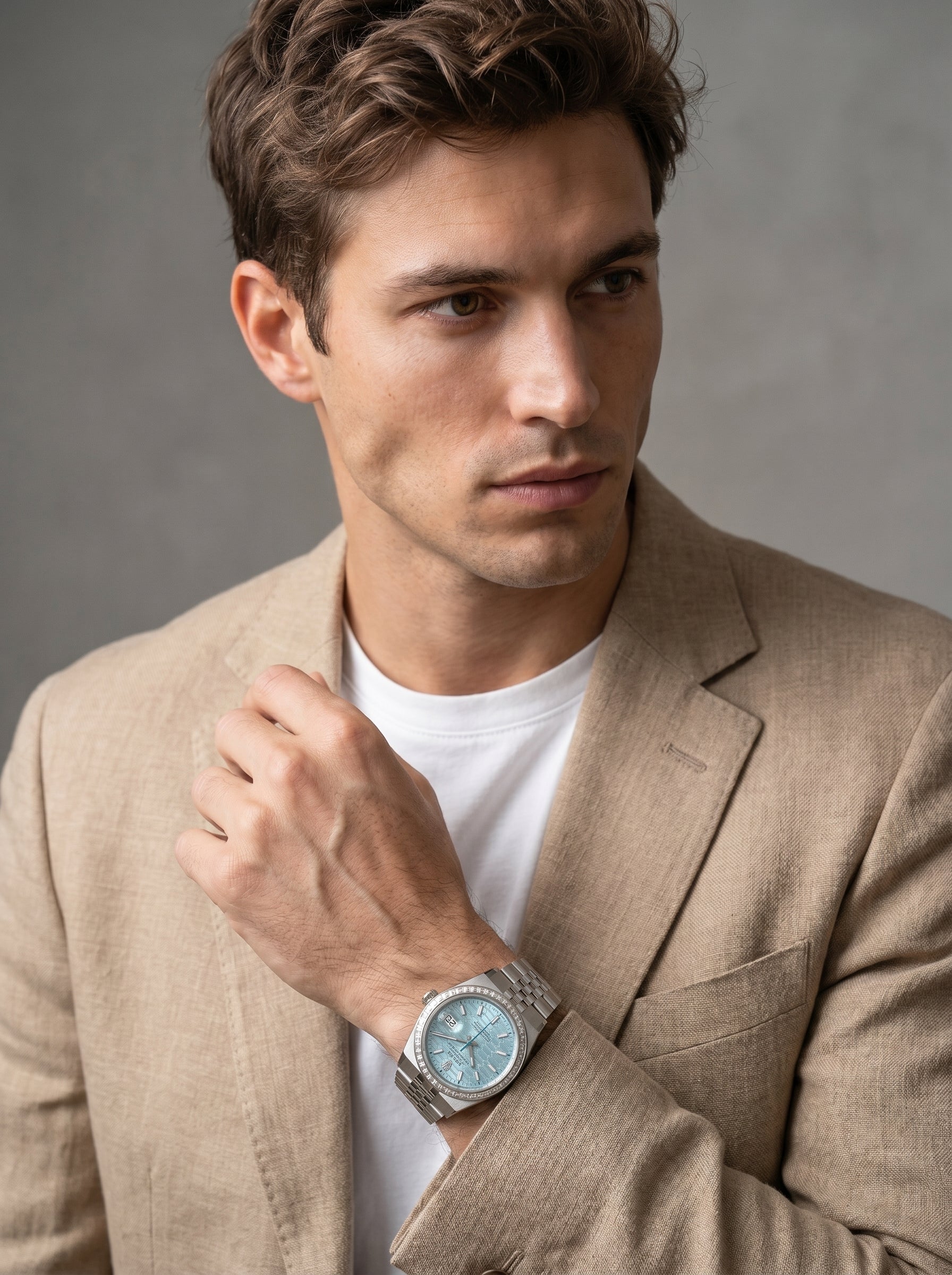 Rolex Land-Dweller 36 Ice Blue Dial 36mm Platinum — lifestyle editorial medium shot