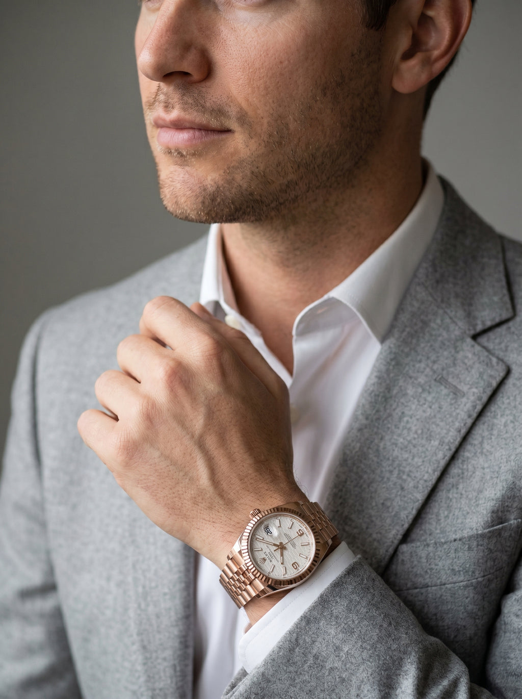 Rolex Land-Dweller 36 Rose Gold White Honeycomb Dial 127235 — lifestyle editorial medium shot