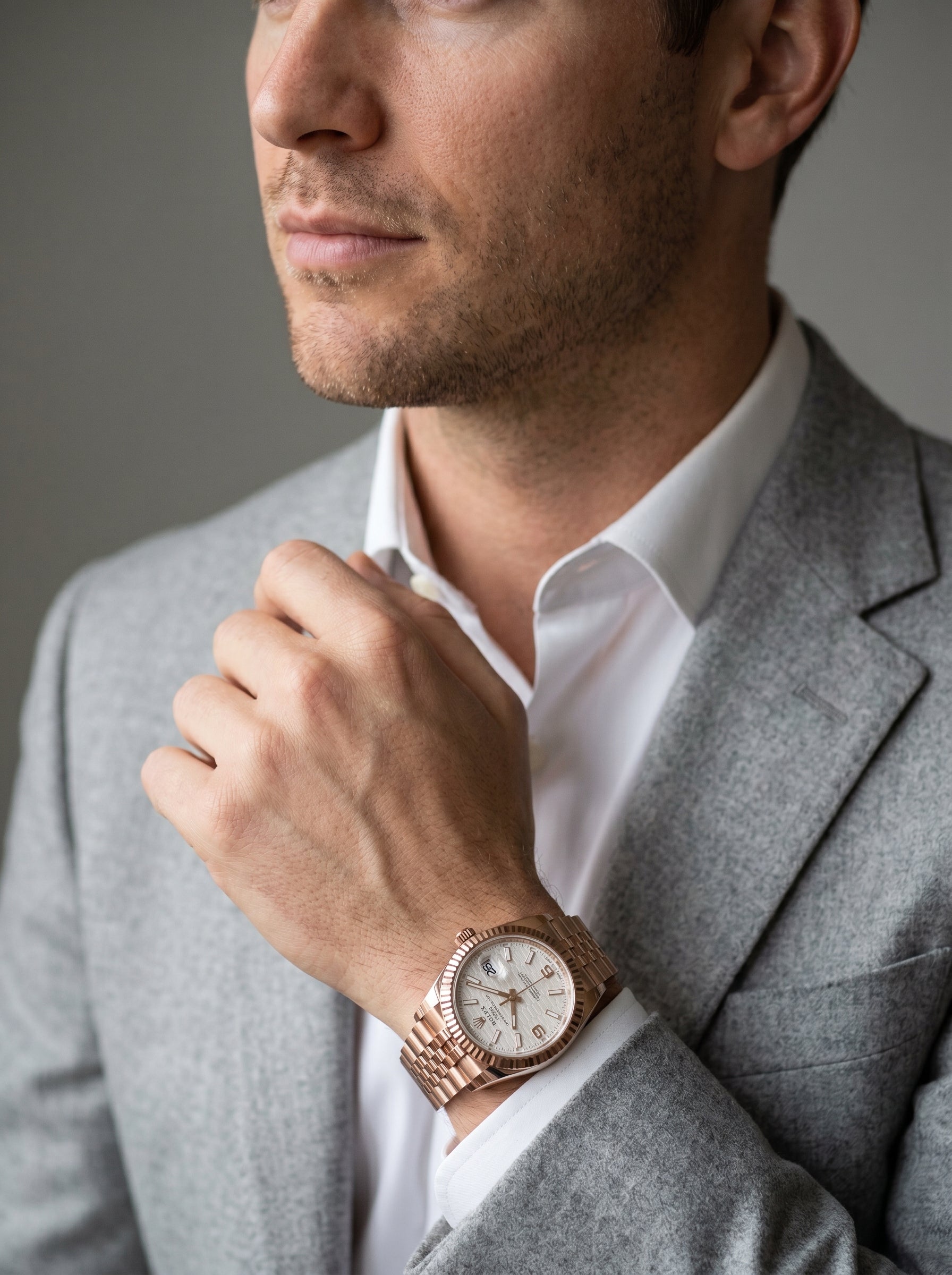 Rolex Land-Dweller 36 Rose Gold White Honeycomb Dial 127235 — lifestyle editorial medium shot