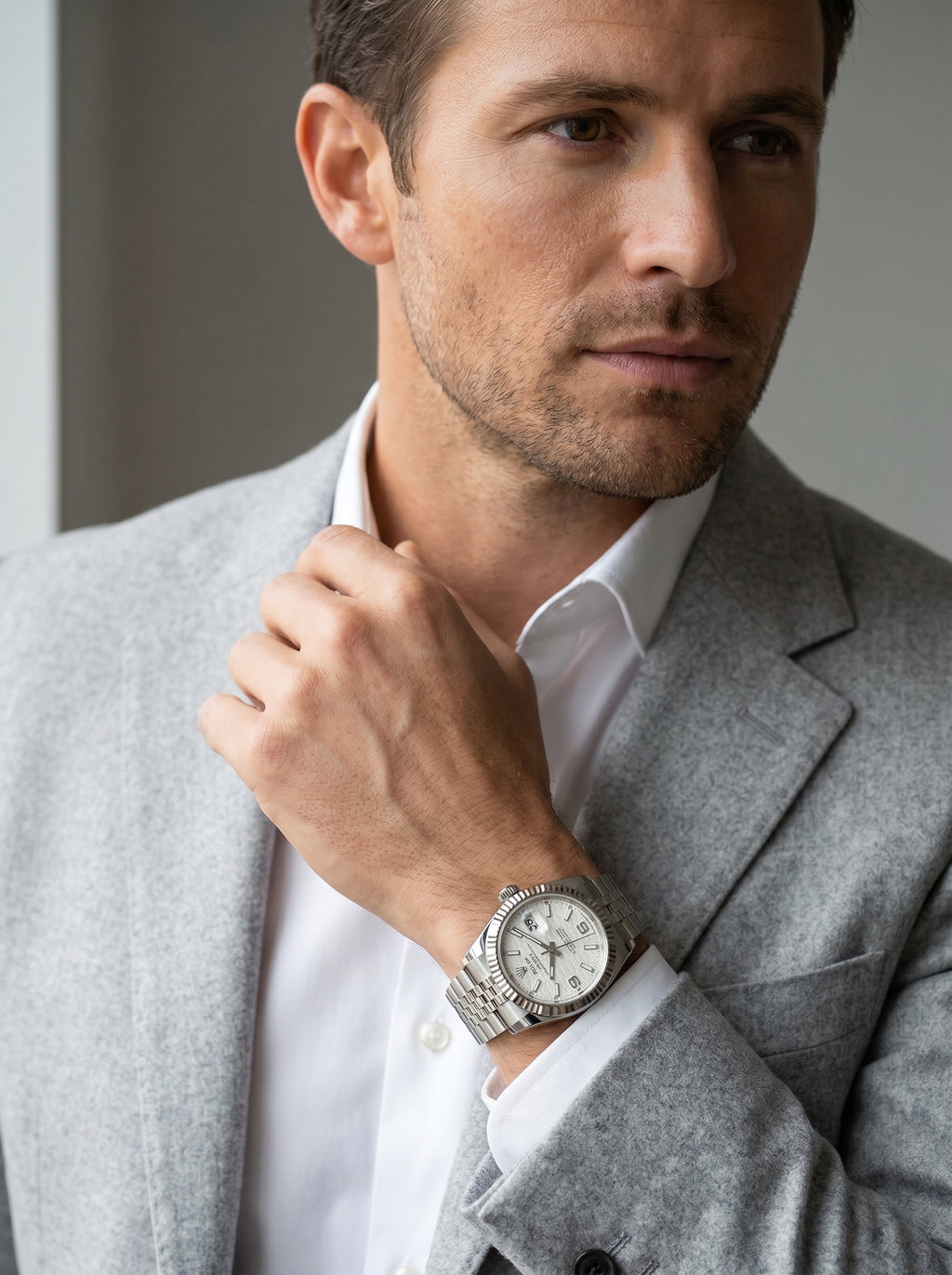 Rolex Land-Dweller 36 Steel/White Gold Honeycomb Dial 127234 — lifestyle editorial medium shot