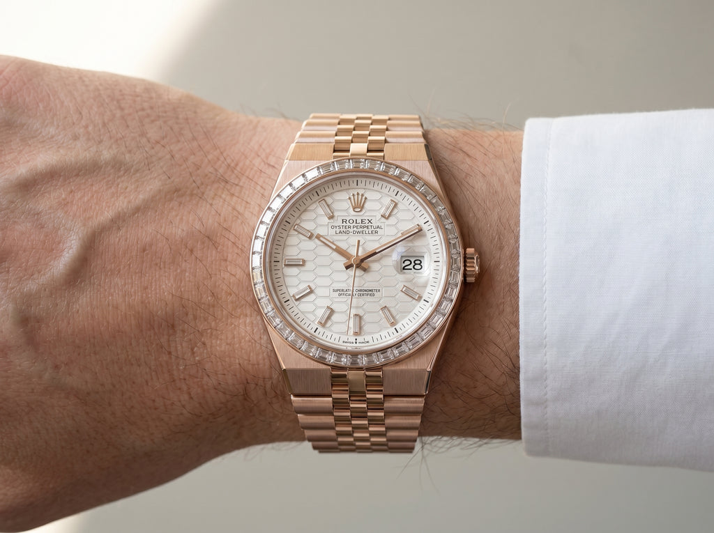 Rolex Land-Dweller 40 Rose Gold Baguette Diamonds Dial & Bezel 127385TBR — lifestyle wrist close-up