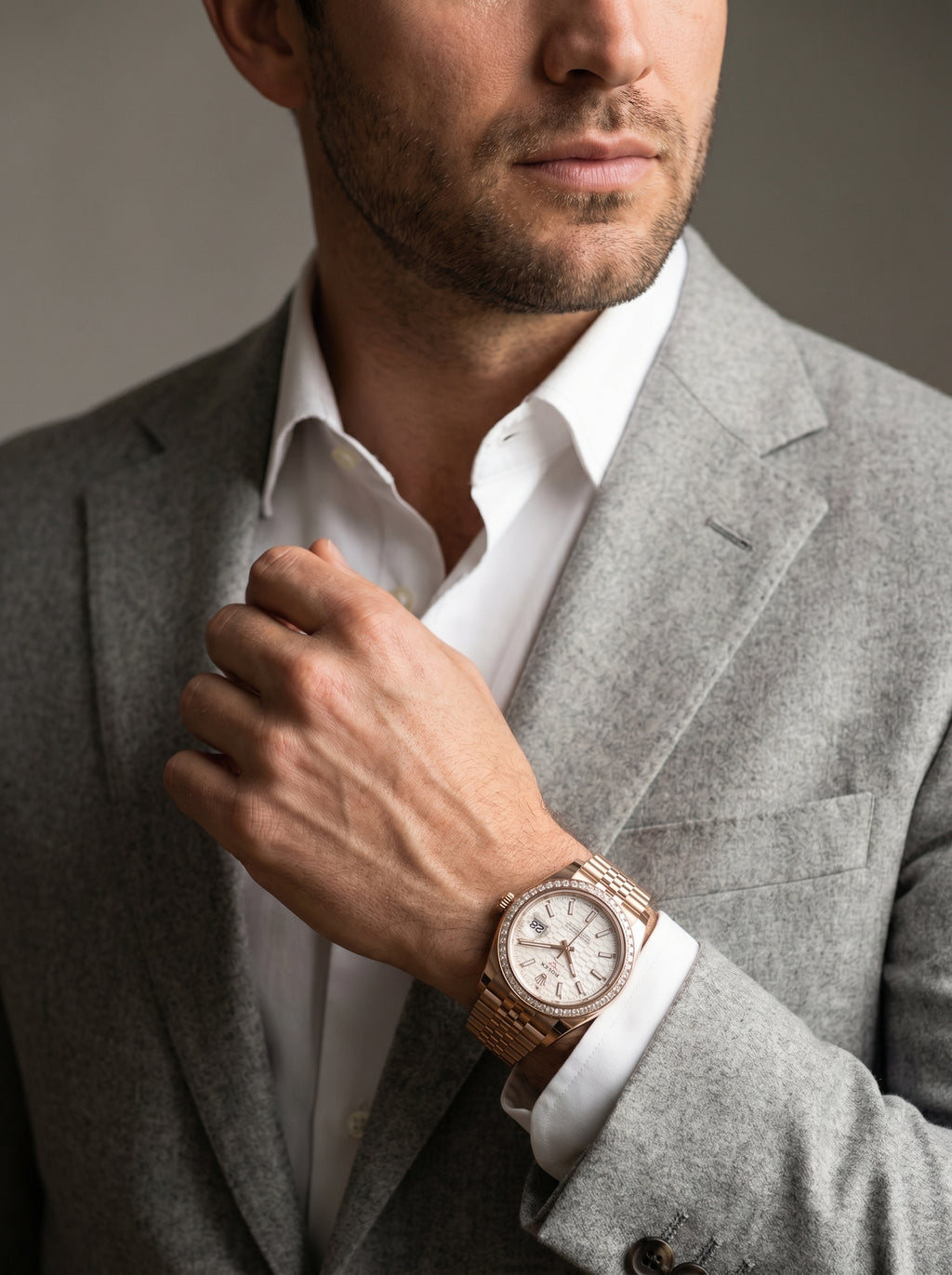 Rolex Land-Dweller 40 Rose Gold Baguette Diamonds Dial & Bezel 127385TBR — lifestyle editorial medium shot