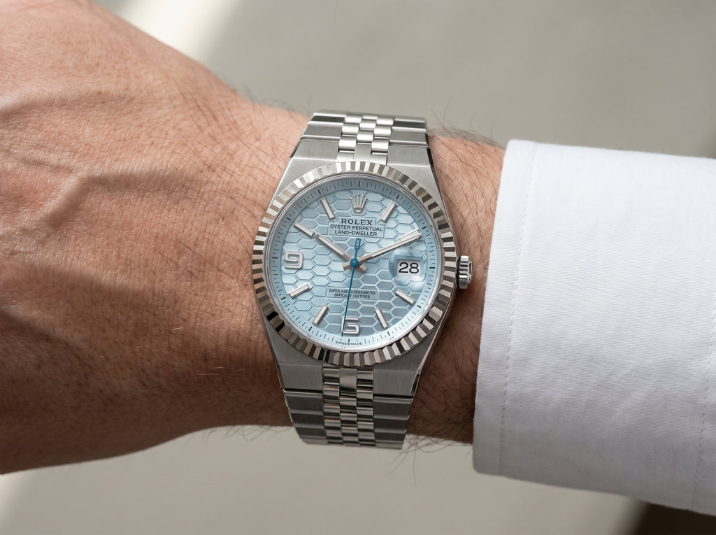 Rolex Land-Dweller 40 Platinum Ice Blue Honeycomb Dial 127336 — lifestyle wrist close-up