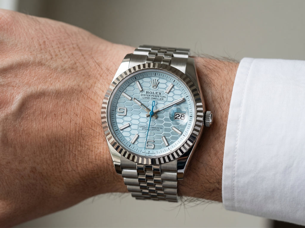 Rolex Land-Dweller 40 Platinum Baguette Diamonds 40mm — lifestyle wrist close-up