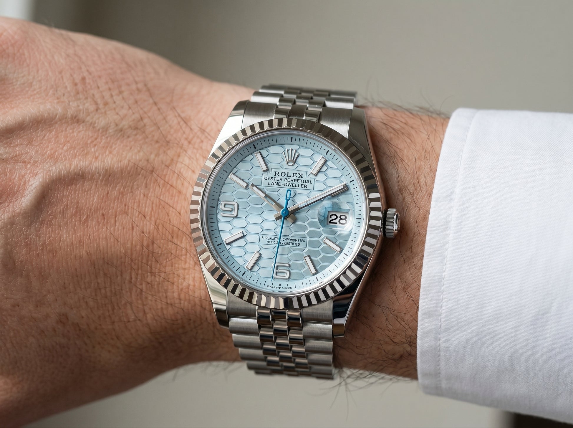 Rolex Land-Dweller 40 Platinum Baguette Diamonds 40mm — lifestyle wrist close-up