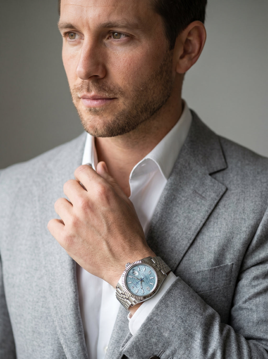 Rolex Land-Dweller 40 Platinum Baguette Diamonds 40mm — lifestyle editorial medium shot