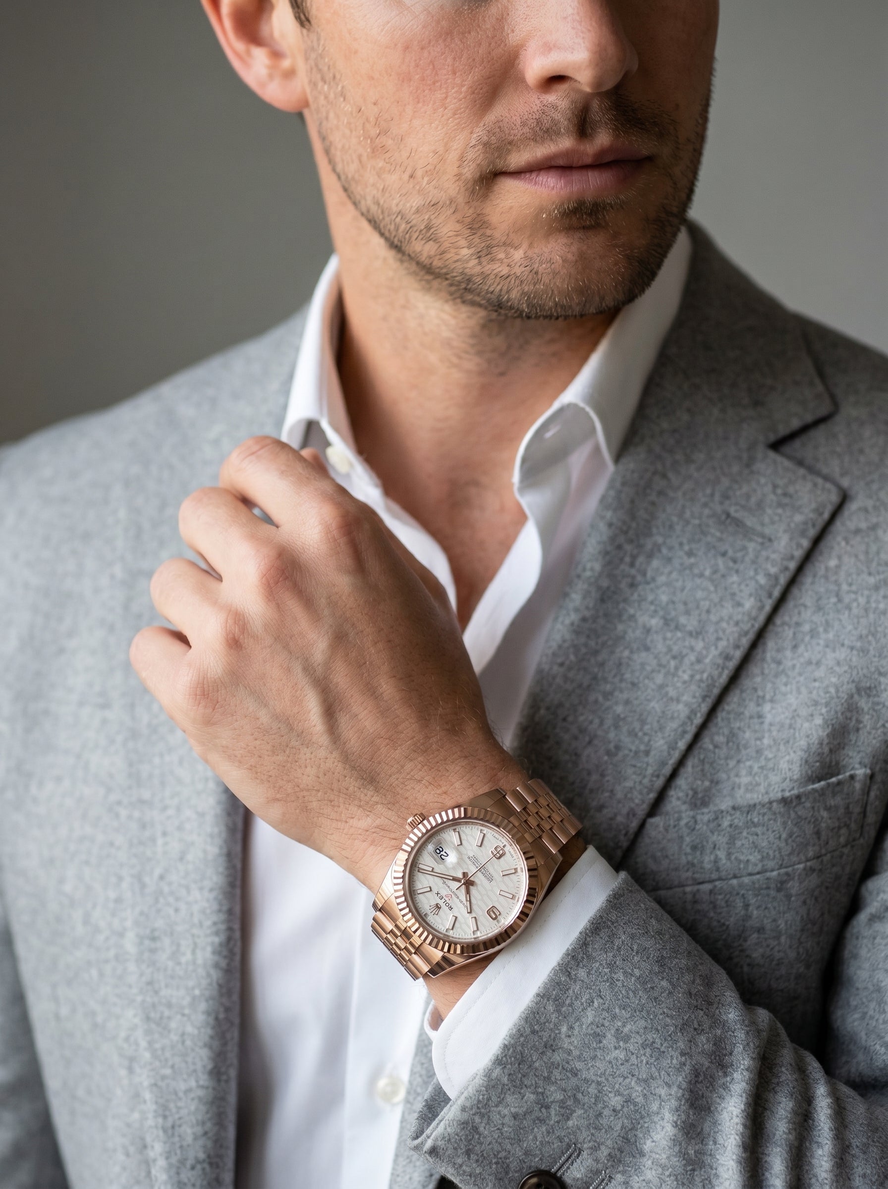 Rolex Land-Dweller 40 Rose Gold White Honeycomb Dial 127335 — lifestyle editorial medium shot