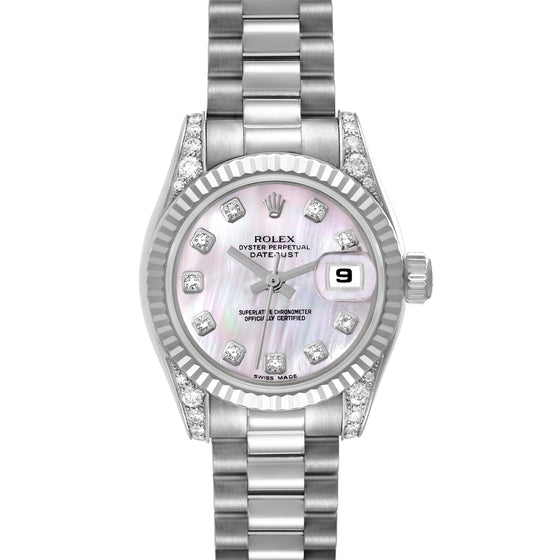 Rolex Lady-Datejust 26 179239-DMOPDP Dark Mother of Pearl Diamond Dial Diamond Set Fluted White Gold President - BRAND NEW