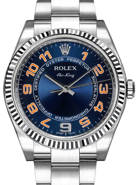 Rolex Air-King 114234-BLUCFO Blue Orange Arabic Fluted White Gold Bezel Stainless Steel Oyster
