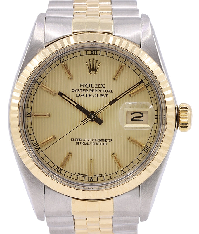 Rolex Datejust 36mm Stainless Steel Champagne Tapestry Dial Yellow Gold Bezel Jubilee Bracelet 16013 - PRE-OWNED