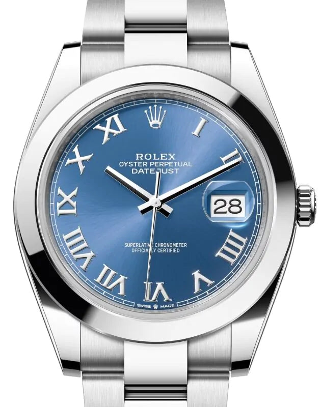 Rolex Datejust 41 126300 Stainless Steel Azzurro Blue Dial Roman Numerals Oyster Bracelet Smooth Bezel