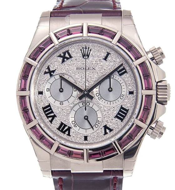 Rolex Daytona White Gold Diamond Paved Dial & Red Ruby Bezel Leather Strap 116589SALV