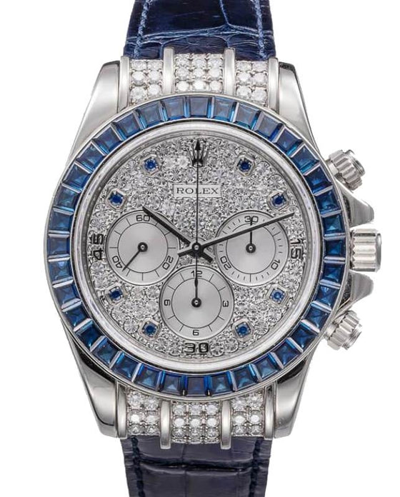 Rolex Daytona White Gold Diamond Paved Blue Sapphires Dial & Bezel Leather Strap 16599SA