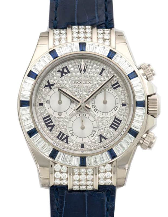 Rolex Daytona White Gold Diamond Paved Dial & Blue Sapphires Bezel Leather Strap 11659912SA