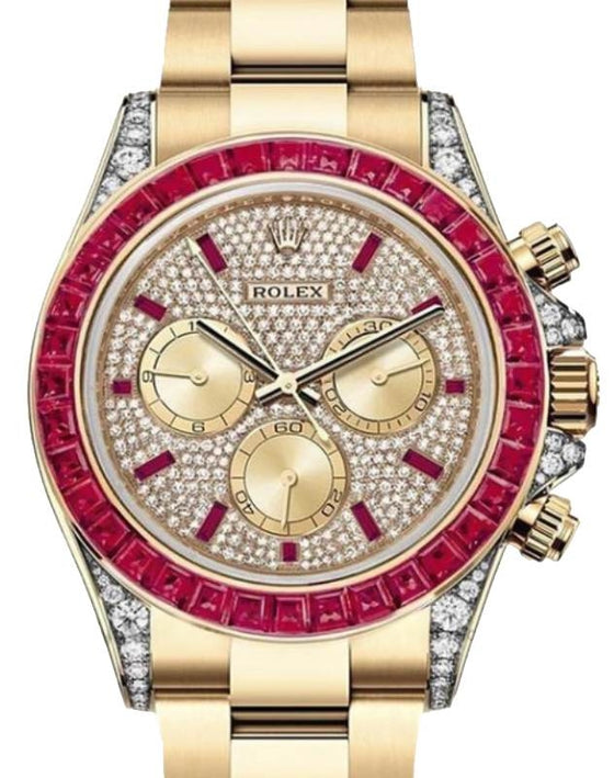 Rolex Daytona Yellow Gold Diamond Paved Dial Baguette Rubies Bezel 126598TRU