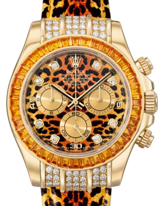 Rolex Daytona Yellow Gold/Diamonds "Leopard" Orange Baguette Sapphires Bezel 116598SACO