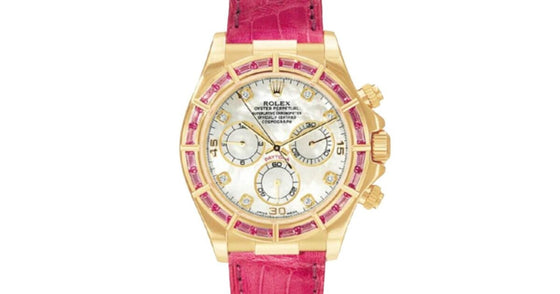 Rolex Daytona Yellow Gold Diamond Mother of Pearl Dial & Pink Sapphire Bezel 116598SARO