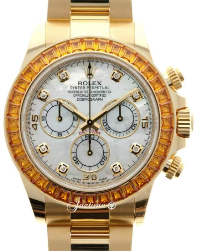 Rolex Daytona Yellow Gold Mother of Pearl Diamond Dial Orange Baguette Sapphires Bezel 116578SACO