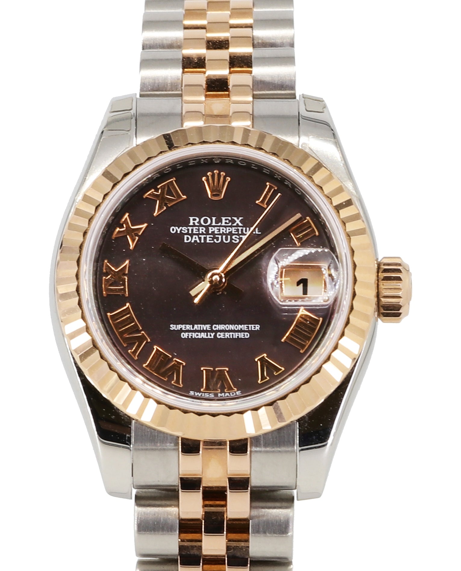 Rolex Lady-Datejust 26 179171-DMOPRJ Dark Mother of Pearl Roman Fluted Rose Gold Stainless Steel Jubilee - BRAND NEW