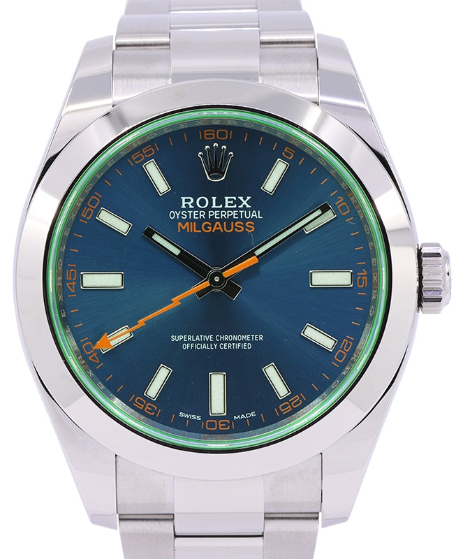Rolex Milgauss Stainless Steel Blue Index Dial & Smooth Domed Bezel Green Crystal Oyster Bracelet 116400GV 116400V - PRE-OWNED