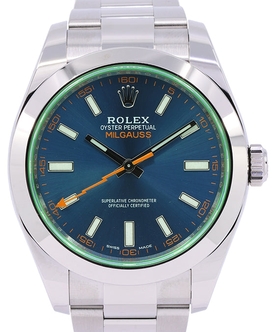 Rolex Milgauss Stainless Steel Blue Index Dial & Smooth Domed Bezel Green Crystal Oyster Bracelet 116400GV 116400V - PRE-OWNED