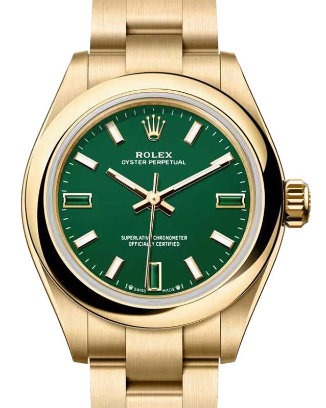 Rolex Oyster Perpetual 28 Yellow Gold Green Stone Index Dial 276208 - BRAND NEW