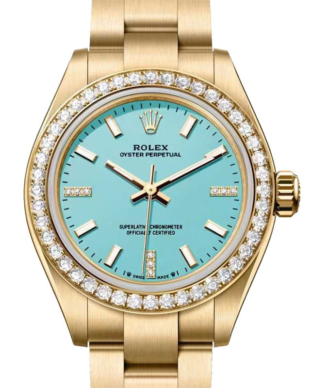 Rolex Oyster Perpetual 28 Yellow Gold Turquoise Blue Diamond Dial & Bezel 276248RBR - BRAND NEW