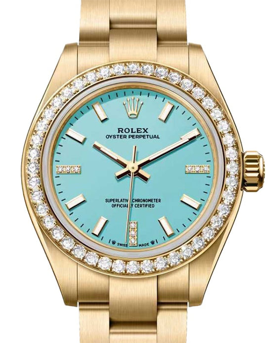 Rolex Oyster Perpetual 28 Yellow Gold Turquoise Blue Diamond Dial & Bezel 276248RBR - BRAND NEW