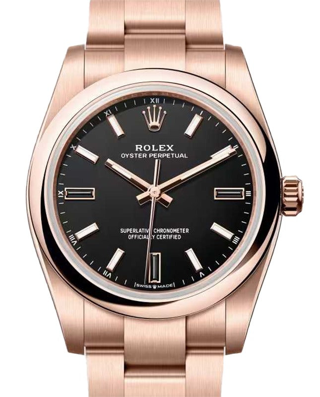 Rolex Oyster Perpetual 34 Rose Gold Black Index/Natural Stone Dial 124205 - BRAND NEW
