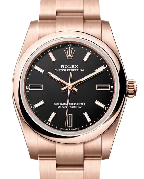 Rolex Oyster Perpetual 34 Rose Gold Black Index/Natural Stone Dial 124205 - BRAND NEW