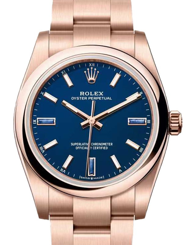 Rolex Oyster Perpetual 34 Rose Gold Blue Stone Dial 124205 - BRAND NEW