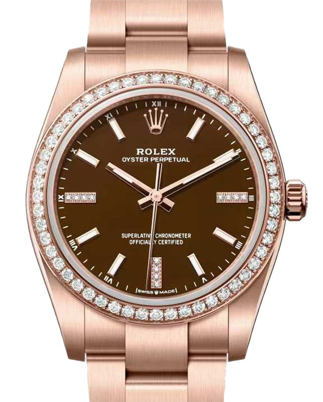 Rolex Oyster Perpetual 34 Rose Gold Brown Stone Diamond Dial & Bezel 124245RBR - BRAND NEW