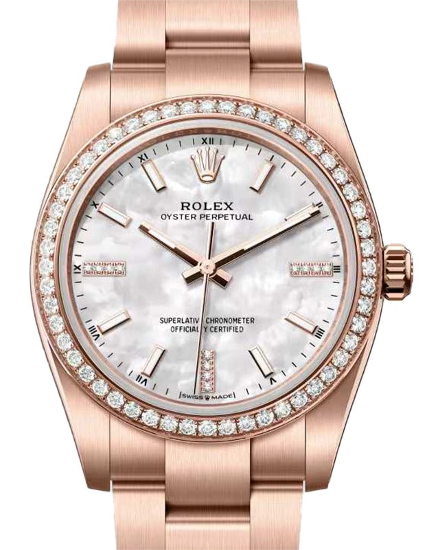 Rolex Oyster Perpetual 34 Rose Gold White Mother of Pearl Diamond Dial & Bezel 124245RBR - BRAND NEW