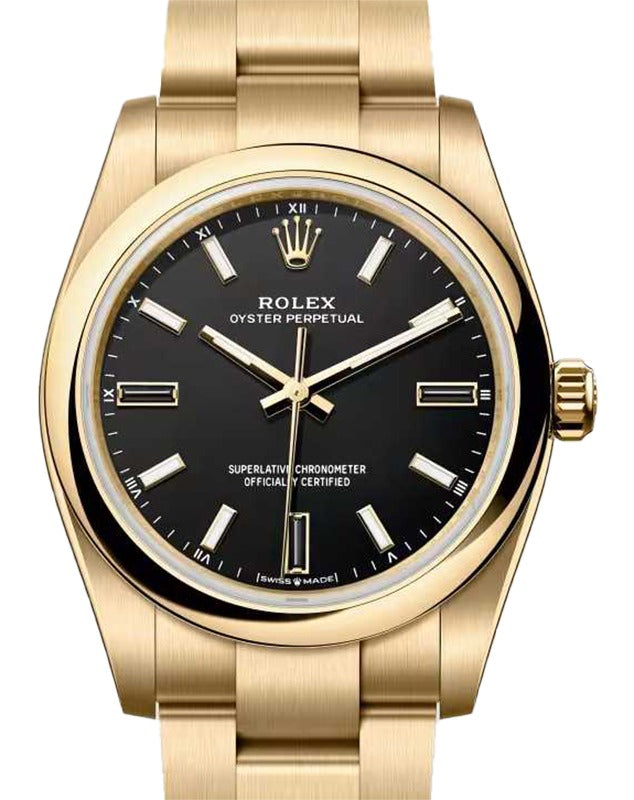 Rolex Oyster Perpetual 34 Yellow Gold Black Index/Natural Stone Dial 124208 - BRAND NEW