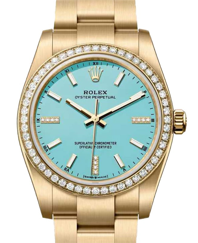Rolex Oyster Perpetual 34 Yellow Gold Turquoise Blue Diamond Dial & Bezel 124248RBR - BRAND NEW