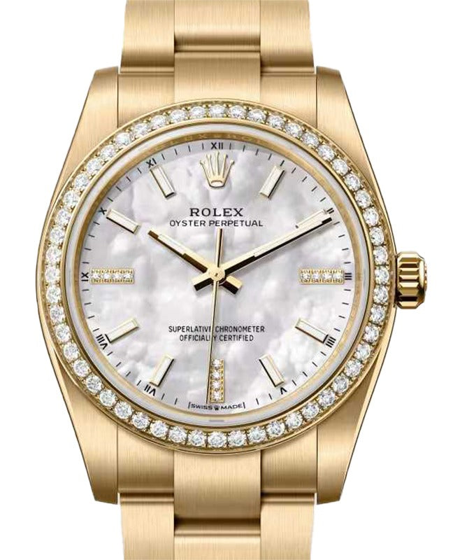 Rolex Oyster Perpetual 34 Yellow Gold White Mother of Pearl Diamond Dial & Bezel 124248RBR - BRAND NEW