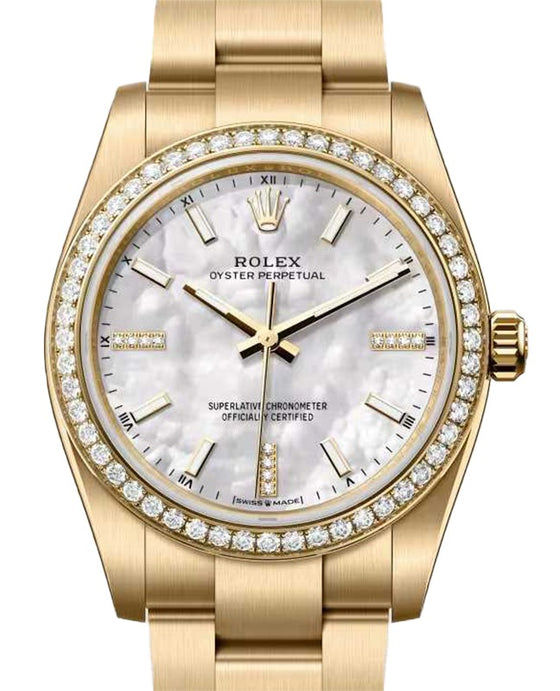Rolex Oyster Perpetual 34 Yellow Gold White Mother of Pearl Diamond Dial & Bezel 124248RBR - BRAND NEW