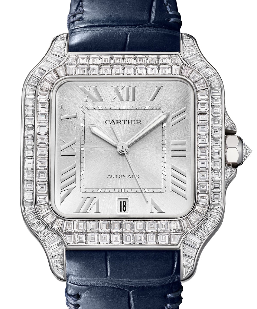 Santos De Cartier Large White Gold Baguette Diamond Silver Dial HPI01687
