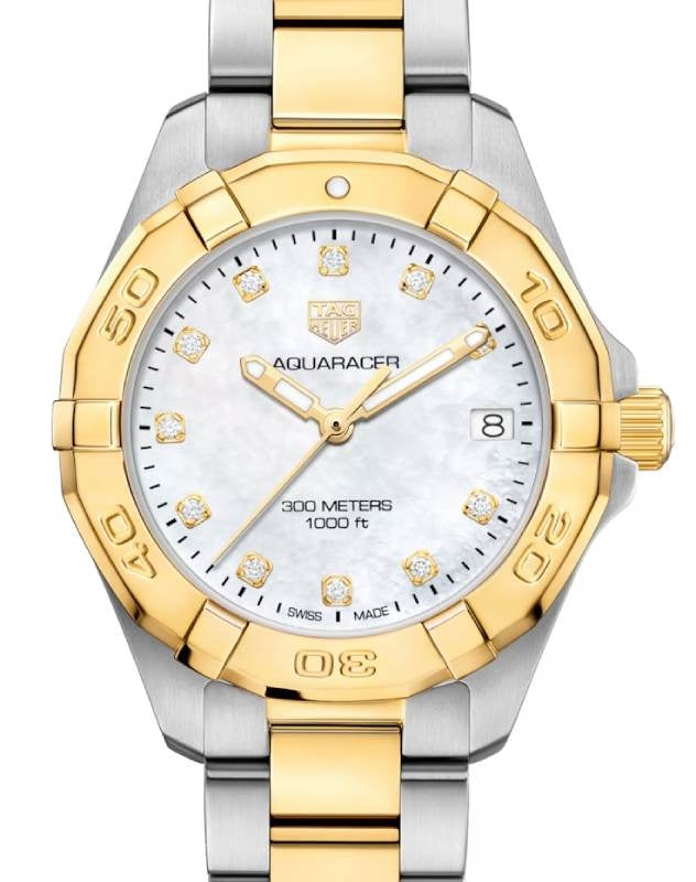 Tag Heuer Aquaracer Quartz Stainless Steel/Yellow Gold 32mm White Mother of Pearl Diamond Dial WBD1322.BB0320 - BRAND NEW