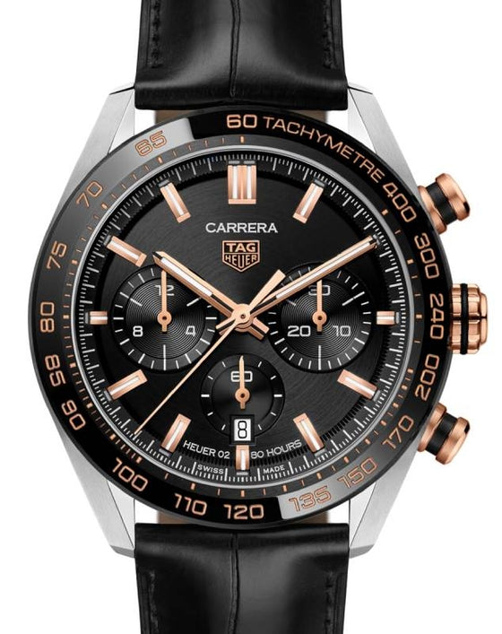 Tag Heuer Carrera Chronograph Steel/Gold/Ceramic 44mm Black Dial Leather Strap CBN2A5A.FC6481 - BRAND NEW