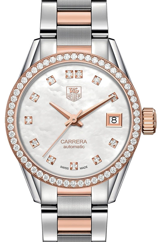 Tag Heuer Carrera Stainless Steel/Rose Gold White MOP Diamond Dial & Stainless Steel Bracelet WAR2453.BD0777 - BRAND NEW
