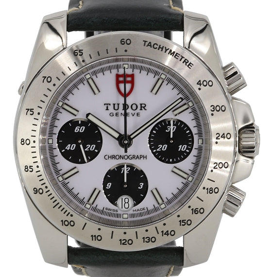 Tudor Sport Chronograph "Panda" White Index Black Subdials Stainless Steel Bezel 40mm Leather Strap 20300 - PRE-OWNED