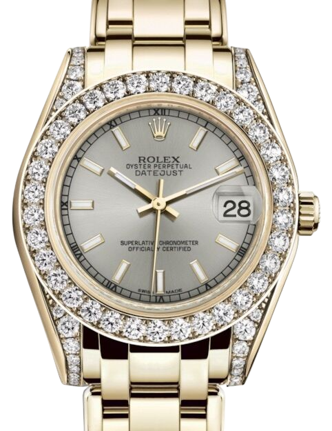Rolex Pearlmaster 34 81298 Yellow Gold Diamond Bezel Silver Dial Pearlmaster Bracelet